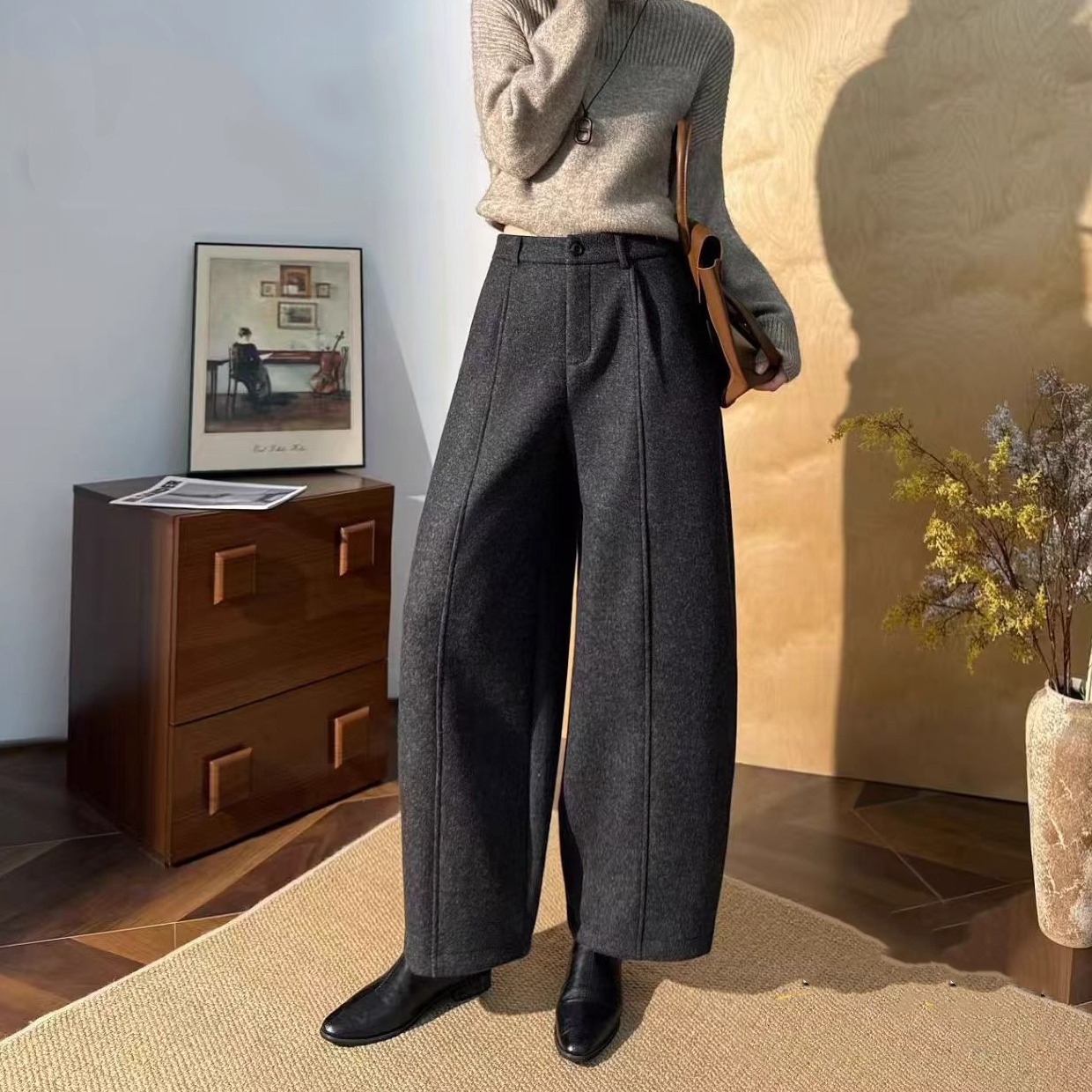 天丽格冬季毛呢料加绒直筒弯刀裤宽松哈伦裤冬显瘦九分杨桃裤2932