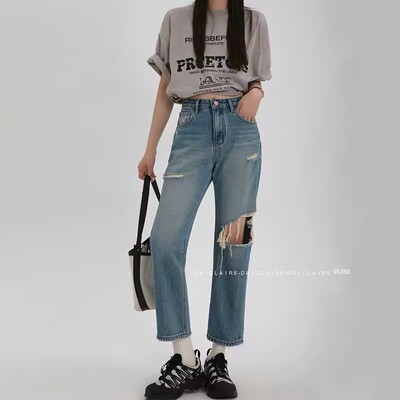 代嘉儿正品法棍牛仔裤女春季韩版破洞小个子九分烟管直筒裤95388