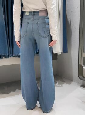 代嘉儿森调86051烫花阔腿牛仔裤女浅蓝色磨白高腰弹力直筒微喇裤