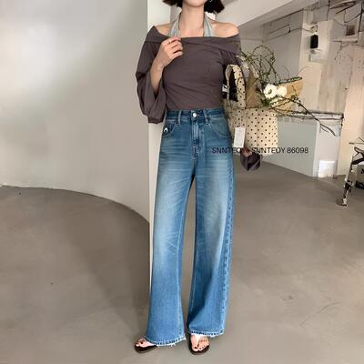 代嘉儿森调86098直筒牛仔裤女2026早春阔腿裤蓝色高腰无弹拖地裤