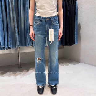 代嘉儿C9051阔腿牛仔裤女2026夏季薄款低腰破洞蓝色无弹直筒裤子
