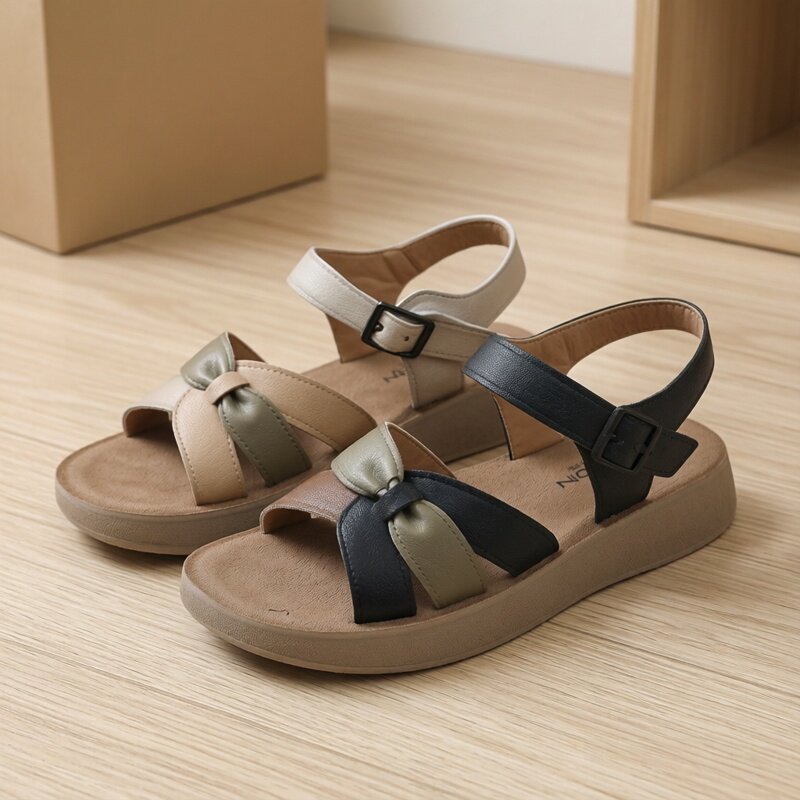 2026新款女鞋凉鞋皮鞋软底软面魔术贴不累脚平底女凉鞋轻便舒适款