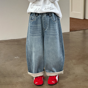 儿童薄绒牛仔裤浅色百搭中大童冬季加绒加厚裤子男女童保暖阔腿裤