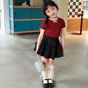 女童立体蝴蝶结短袖t恤全棉女孩甜美上衣夏儿童红色蕾丝花边体恤