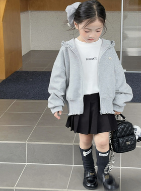 儿童春秋款休闲连帽上衣宽松百搭中大女童甜美花边灰色卫衣外套新