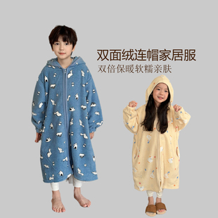 儿童珊瑚绒家居服中大童保暖雪粒绒连帽居家服男女童双面绒睡袍新