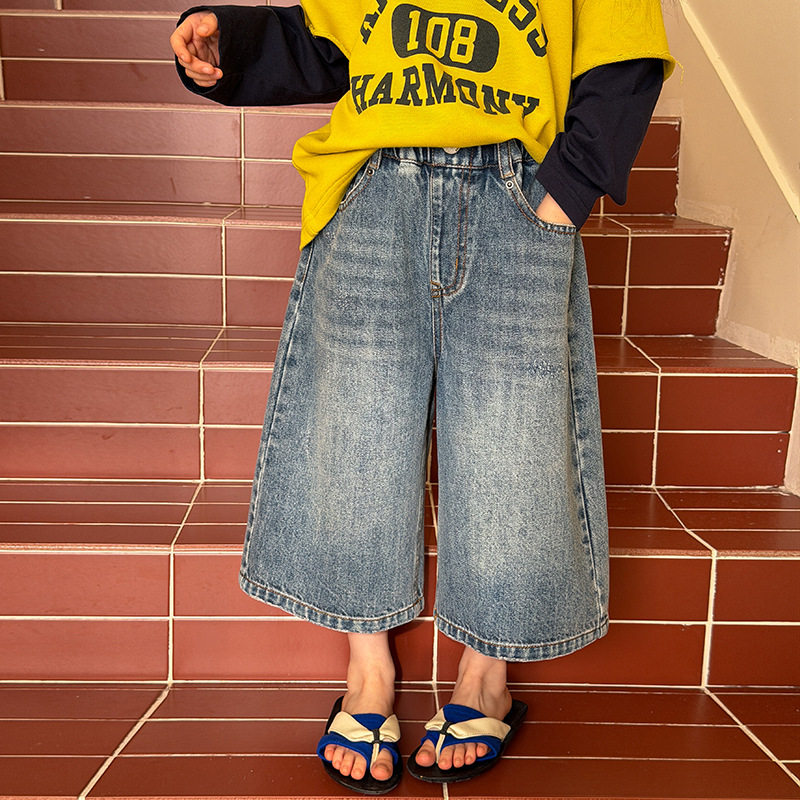 儿童夏款复古做旧七分牛仔裤时髦百搭休闲裤子男女童磨白艾摩贝贝