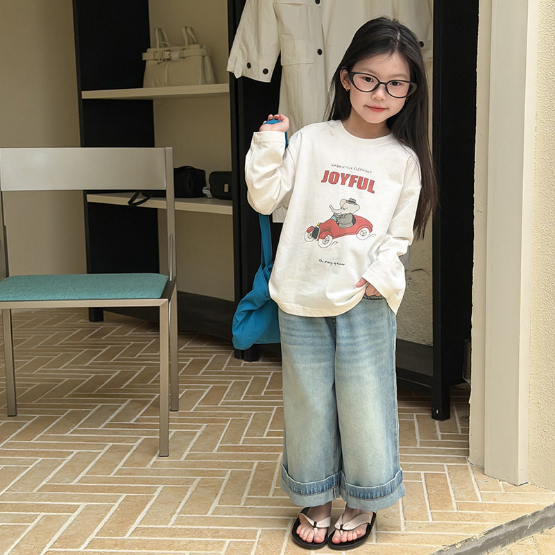 男女童纯棉春秋长袖T恤中大童亲子打底儿童韩版宽松卡通圆领上衣