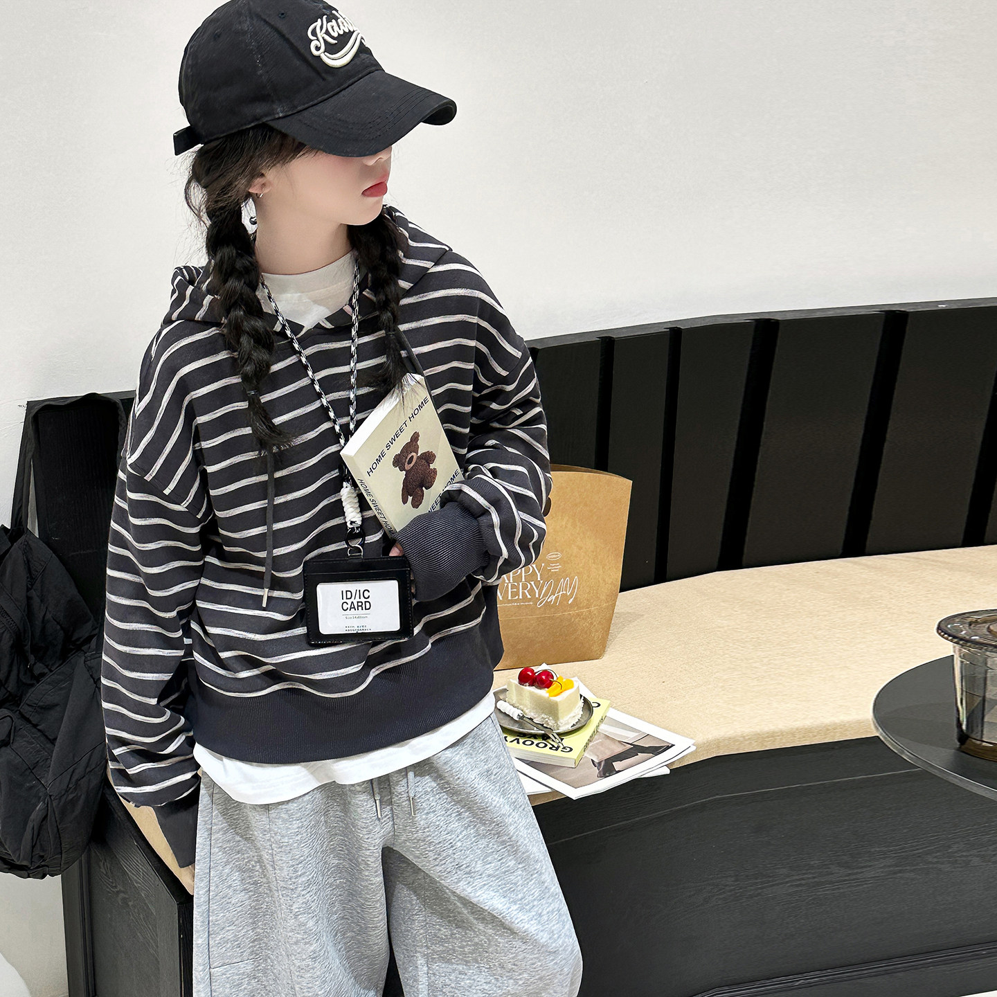 女童连帽条纹卫衣套装春秋宽松