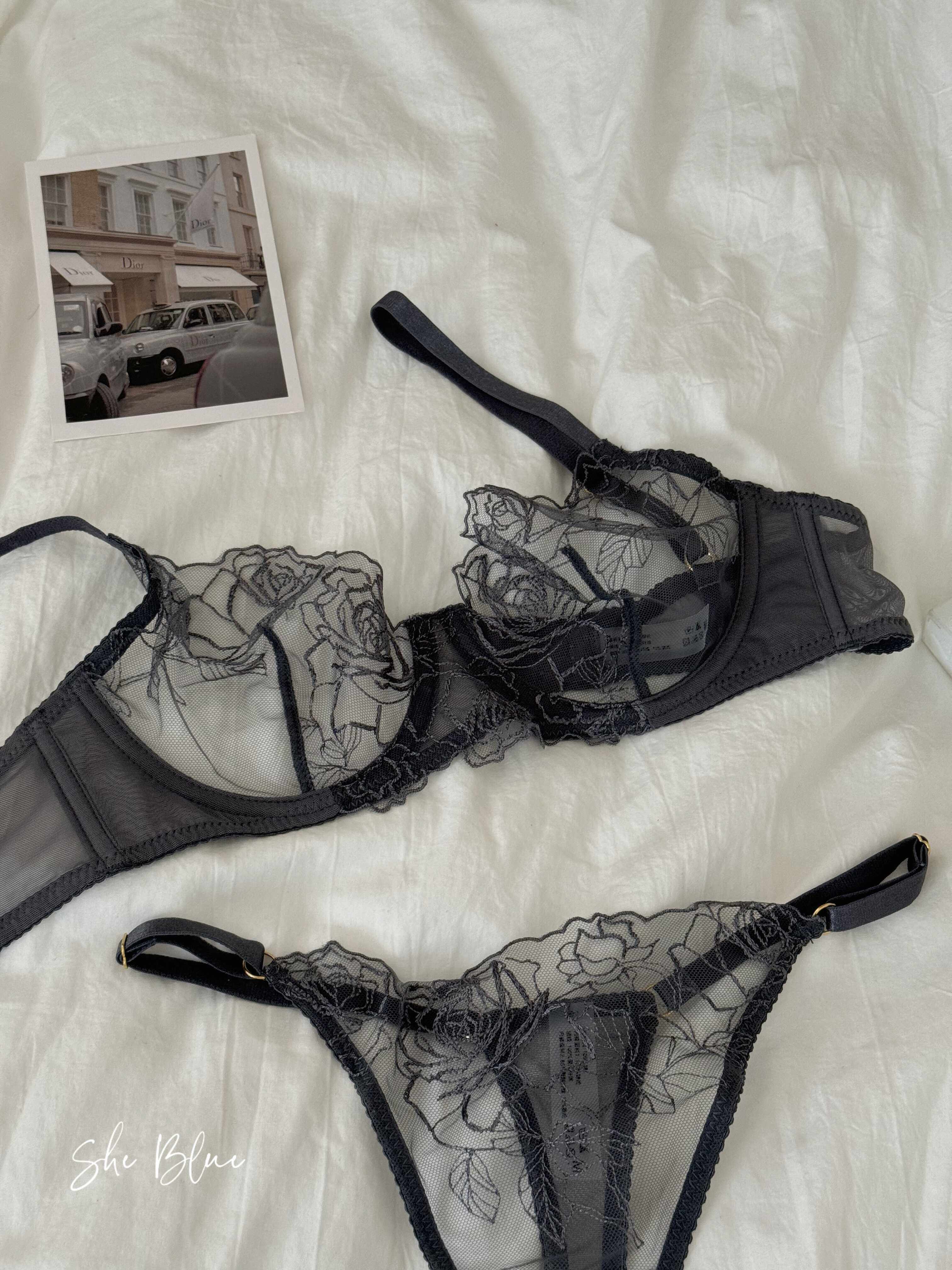 法式小众蕾丝刺绣花朵网纱薄款大胸内衣性感文胸欧美透气套装