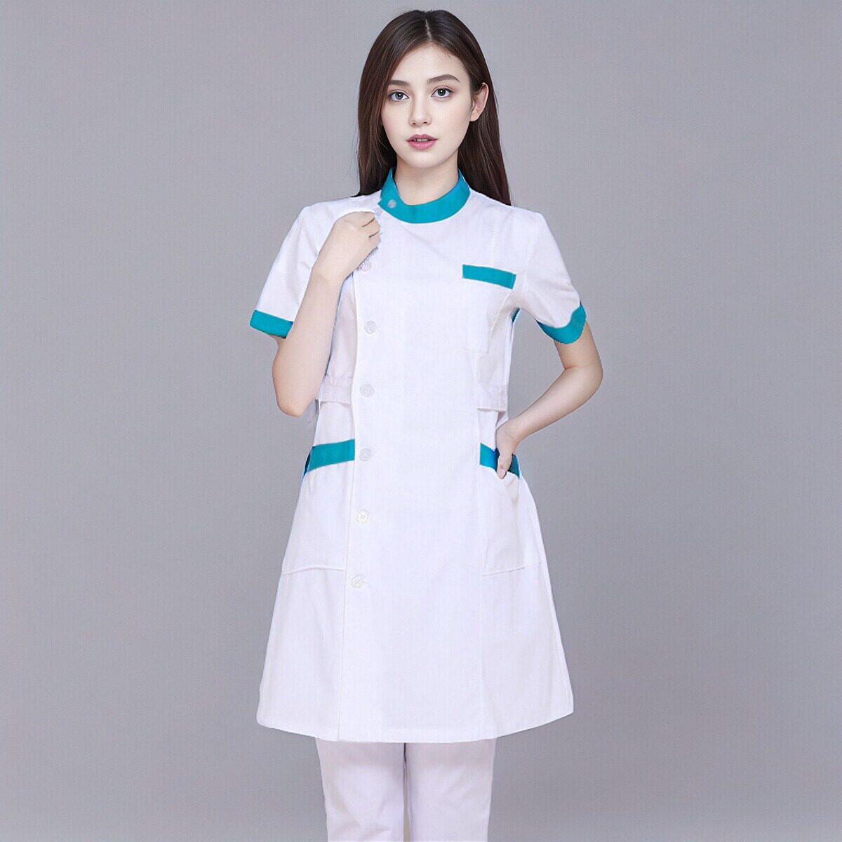 巧护士美白护士服立领偏襟药店牙科工作服短袖夏装白大褂美容师服