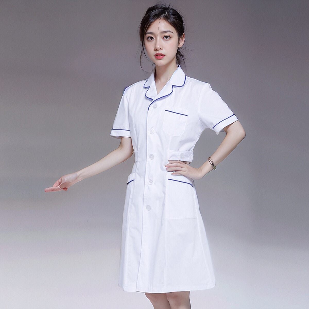 巧护士短袖夏装白色护士服加蓝边药店眼镜店牙科口腔白大褂工作服