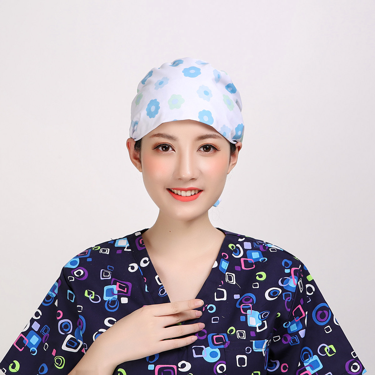 巧护士 系带葫芦帽蓝梅花涤棉家居美容师食品卫生防尘厨师工作帽