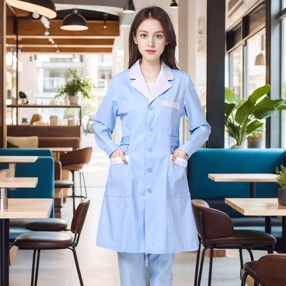 护士上衣浅蓝长袖大褂女医生护士服白西装领口袖兜口美容师工作服