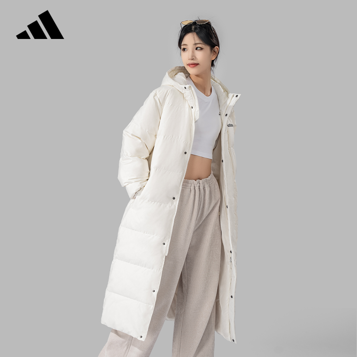阿迪达斯保暖鸭绒中长款羽绒服