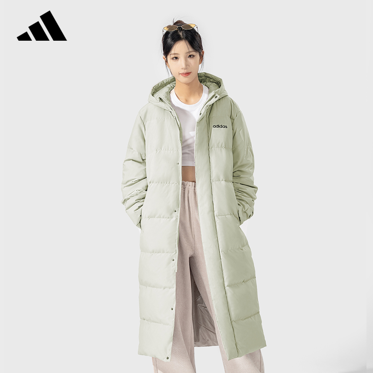 阿迪达斯保暖鸭绒中长款羽绒服