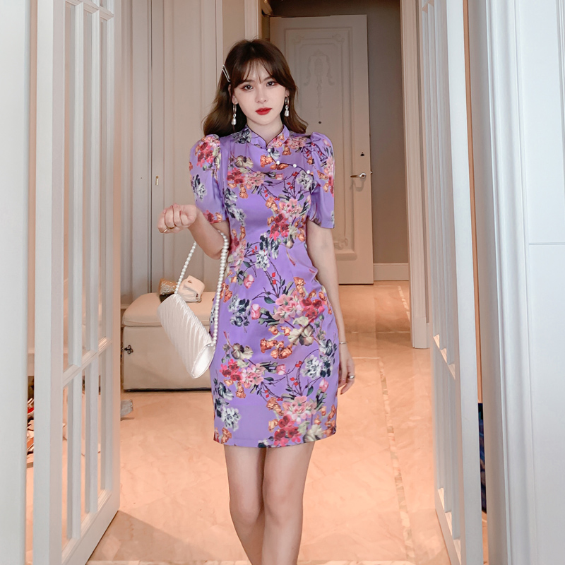 2020夏装新品 紫色改良印花日常旗袍盘扣复古典雅连衣裙女装