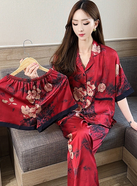 冰丝睡衣女款夏季短袖短裤仿真丝绸红色家居服2025新款轻奢三件套