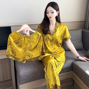 家居服仿真丝绸可外穿套装 睡衣三件套夏冰丝女款 薄款 2025新款 短袖