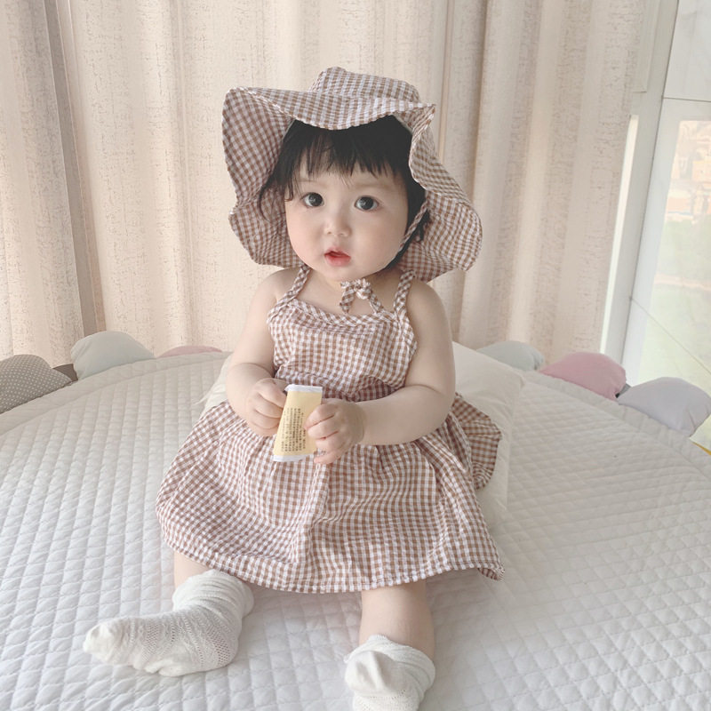 ins2025夏新款韩版婴幼儿吊带格子连体哈衣裙宝宝包屁爬服配帽子