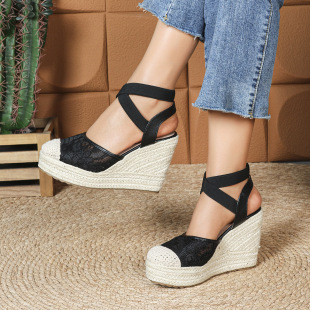 42罗马鞋 高跟包头凉鞋 女2026草编透气蕾丝弹力带松糕厚底坡跟大码