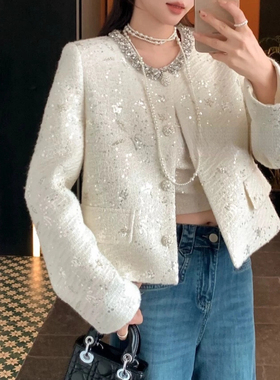 IDA富家千金~羊毛小香风冬季新款精致手工钉珠刺绣设计粗花呢外套