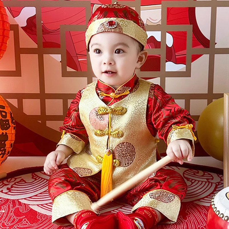 周岁礼服男宝宝秋冬季中式唐装中国风抓周服生日宴衣服婴儿冠衣
