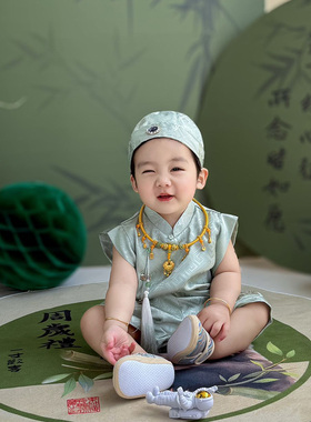 周岁礼服男宝宝中式夏季薄款套装绿色百天婴儿衣服周岁宴抓周服
