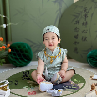 套装 薄款 绿色百天婴儿衣服周岁宴抓周服 夏季 周岁礼服男宝宝中式