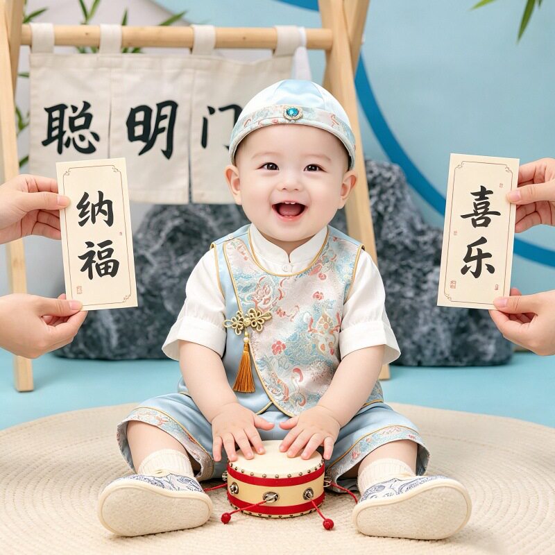 福嘟嘟男宝中式抓周礼服套装夏季
