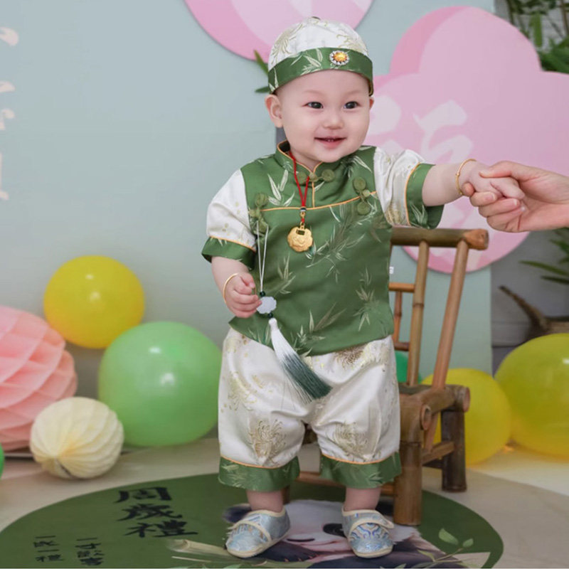 新中式薄款周岁礼服绿色男宝夏季图片