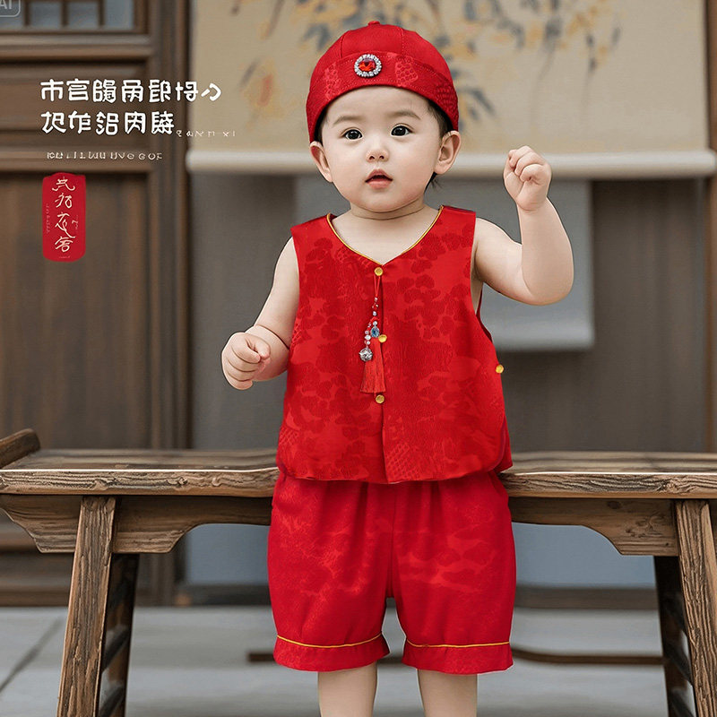 周岁礼服男宝无袖中式唐装红色