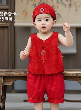 周岁礼服男宝无袖中式唐装红色真丝套装百天婴儿衣服周岁宴抓周服