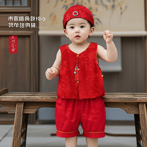 周岁礼服男宝无袖中式唐装红色