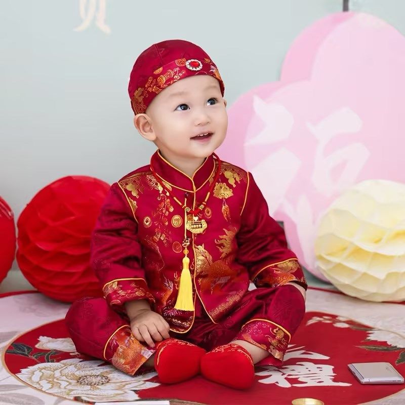 周岁礼服男宝宝男童中式唐装生日宴抓周服婴儿红色分体套装拜年服