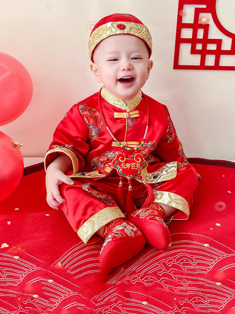 中式抓周服唐装男宝宝周岁礼服
