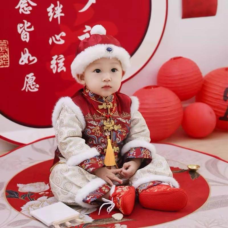 周岁礼服男宝分体唐装中式抓周服冠衣百天婴儿加棉套装过年拜年服