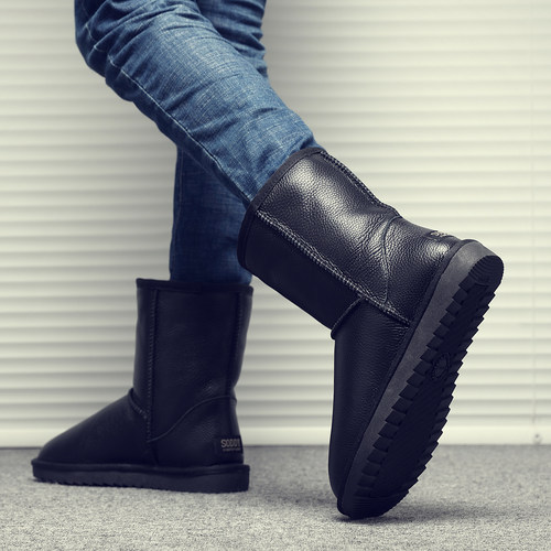 加绒中筒雪地靴靴子高帮男士