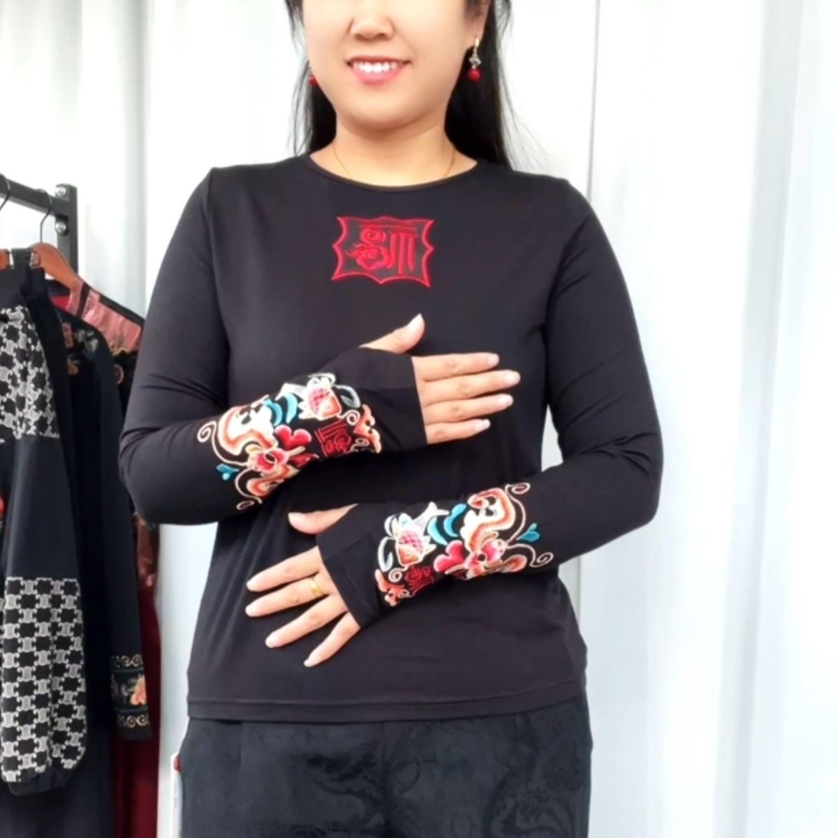 2025国风绣花福子弹力打底衫圆领中式修身长袖上衣