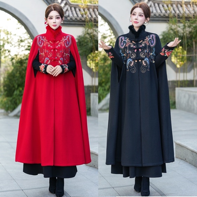 新年装秋冬季新中式民族风绣花气质款长款大衣斗篷披肩式外套战袍