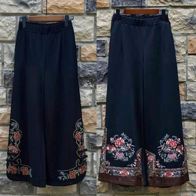 2025秋冬民族风女裤新中式妈妈装长裤刺绣花个性上腰阔腿裤有弹力