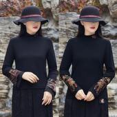 弹力打底上衣小高领刺绣花打底衫 2024秋冬新款 中老年民族风女装 女