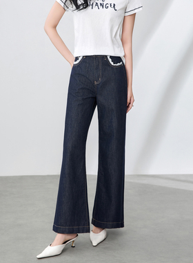 RMO&JUL夏季薄款天丝阔腿牛仔裤复古蓝色蕾丝装饰休闲直筒裤罗家