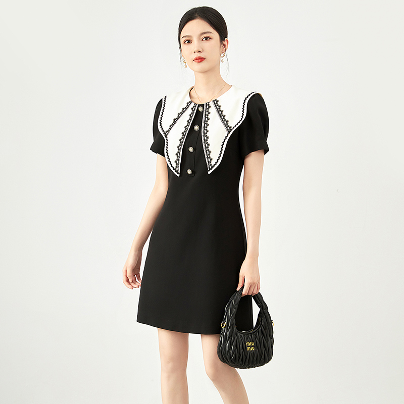 RMO&JUL法式气质减龄撞色娃娃领灯笼短袖纯色A字连衣裙罗家女装