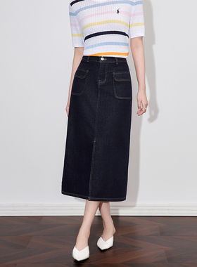 RMOJUL通勤简约深蓝色高腰显瘦开叉包臀中长牛仔直筒半身裙罗家女