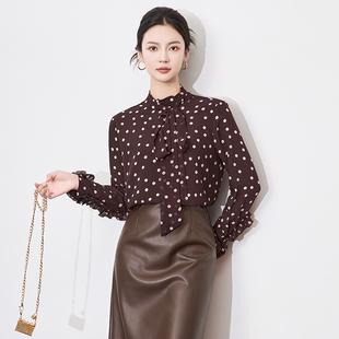 RMO&JUL法式复古气质波点飘带领花朵装饰长袖衬衫雪纺上衣罗家女