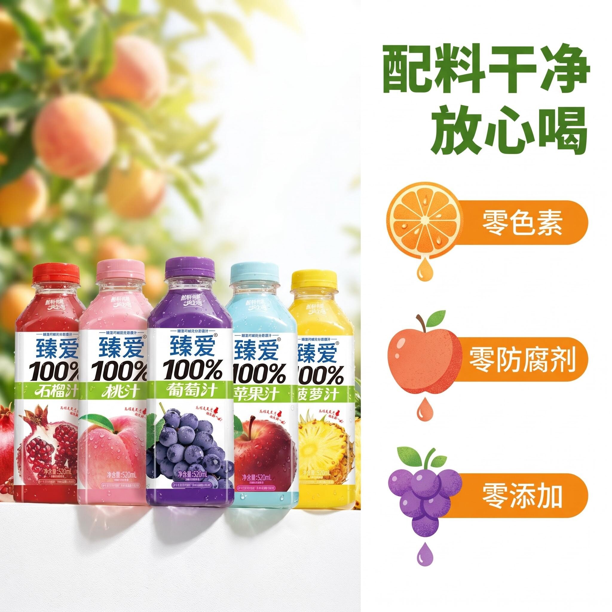 臻爱百分百果汁520ml*15瓶整箱配料干净 5口味自选石榴葡萄汁