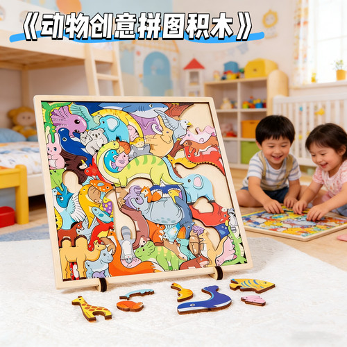 儿童动物积木质创意拼图益智玩具