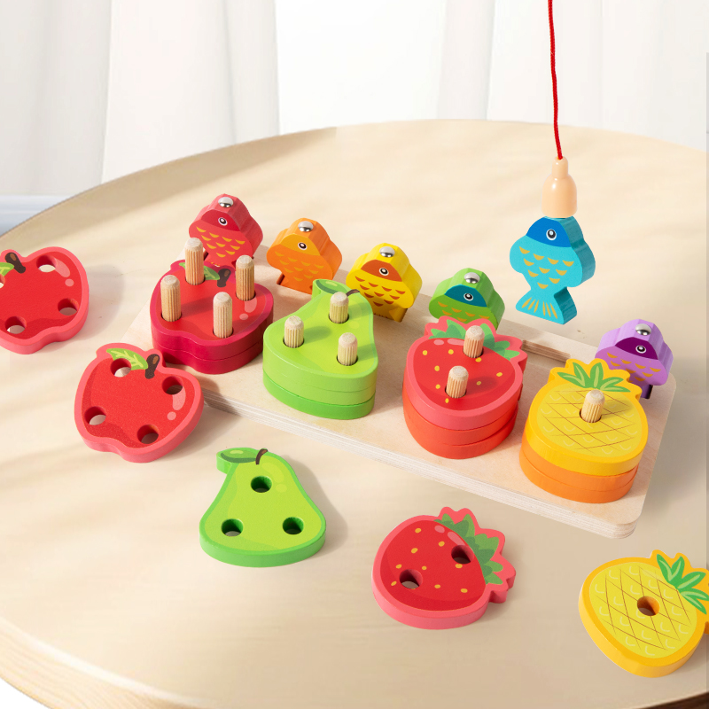 儿童宝宝木制水果四套柱钓鱼