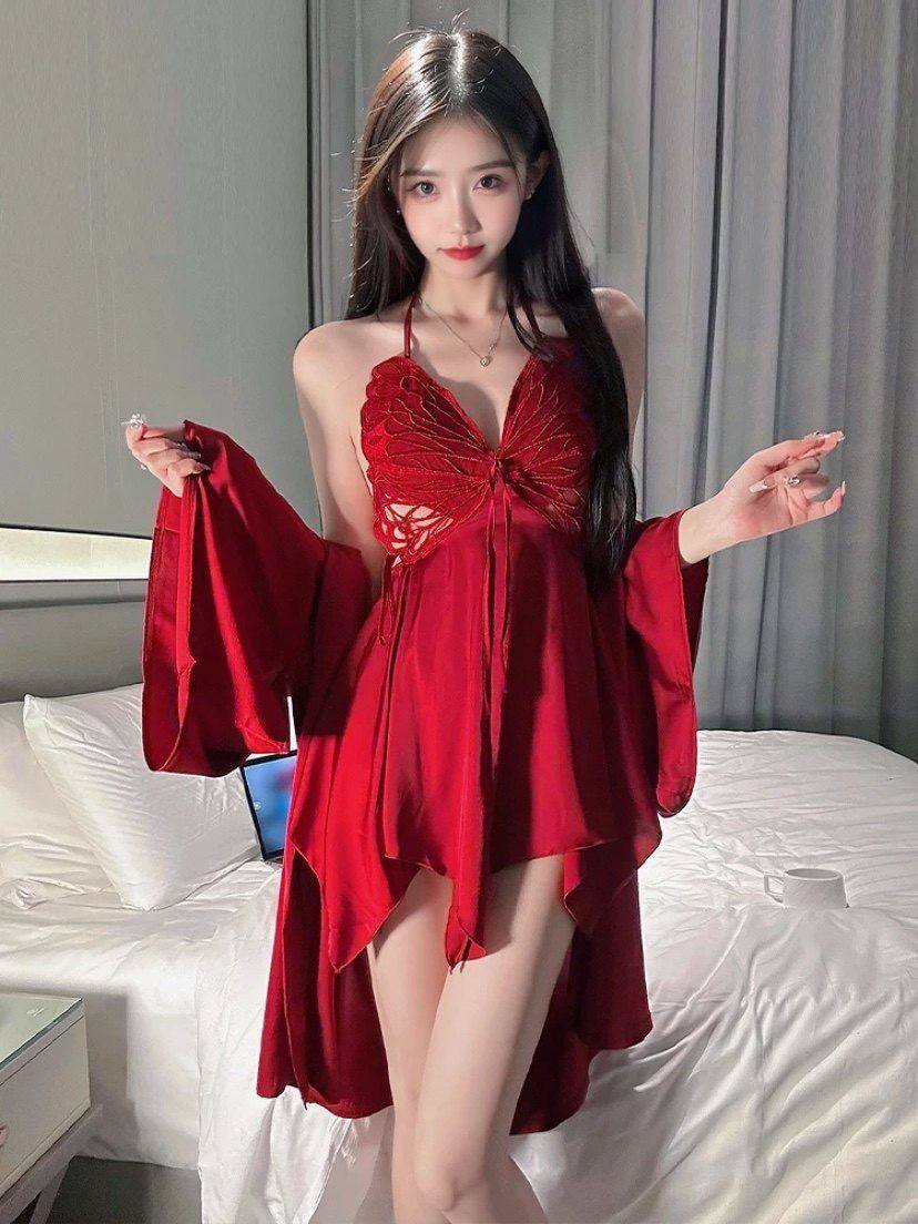 性感睡衣女款冰丝带胸垫纯欲风吊带蝴蝶睡裙床上袍情调家居服套装